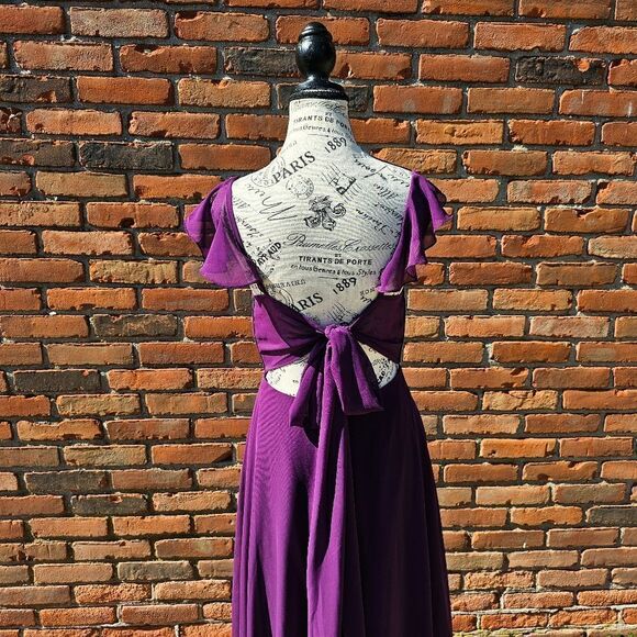 Azazie Ruffle Sleeve Burgandy Chiffon Floor Length Dress - Picture 12 of 16